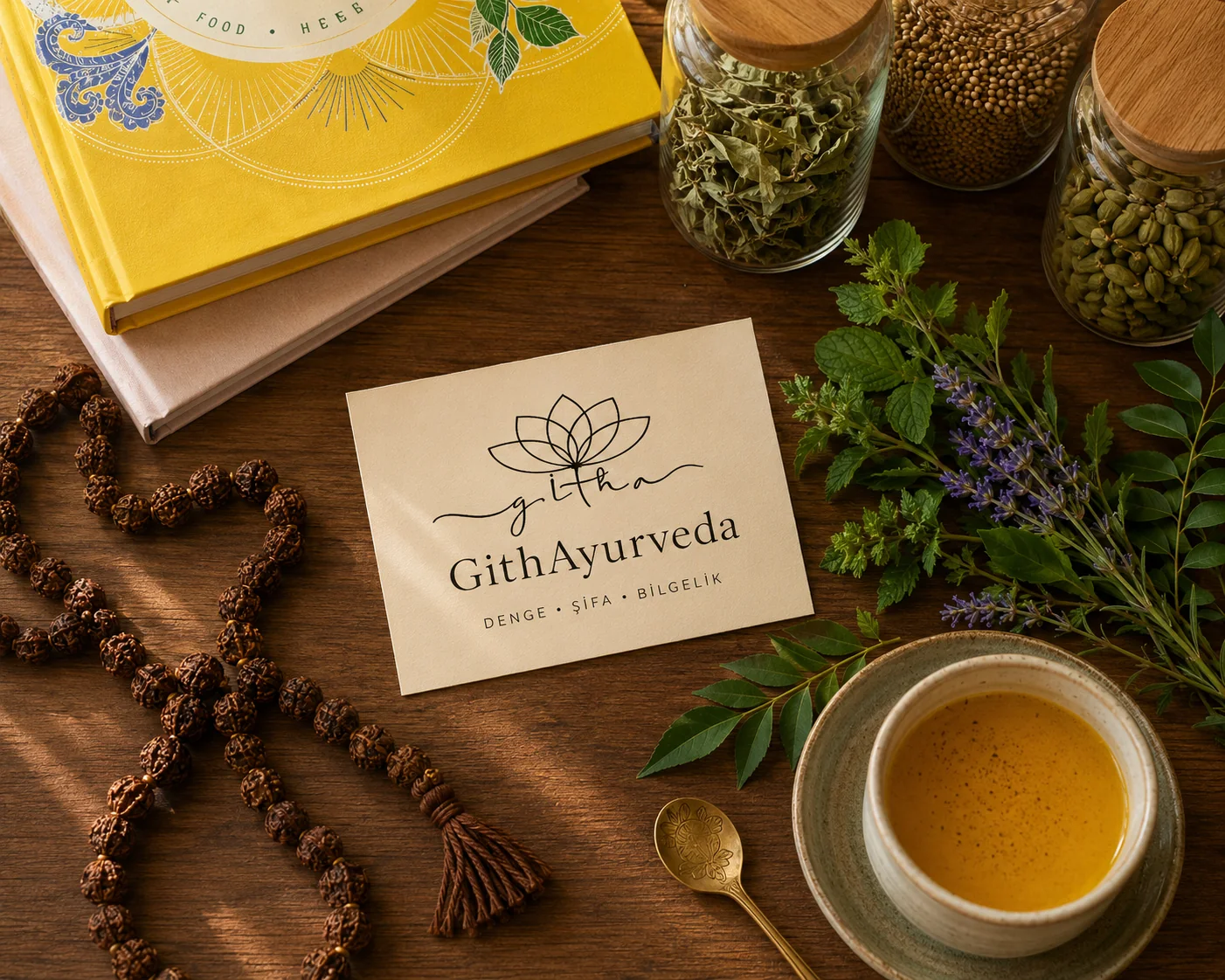 Ayurvedik danışmanlık için bitkiler, baharatlar ve şifa içeceği